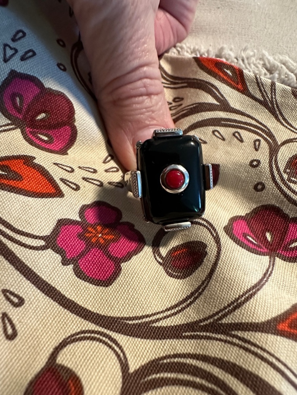 Black Onyx and Red Coral Accent Statement Ring Unique Setting Sterling Sz 6 New